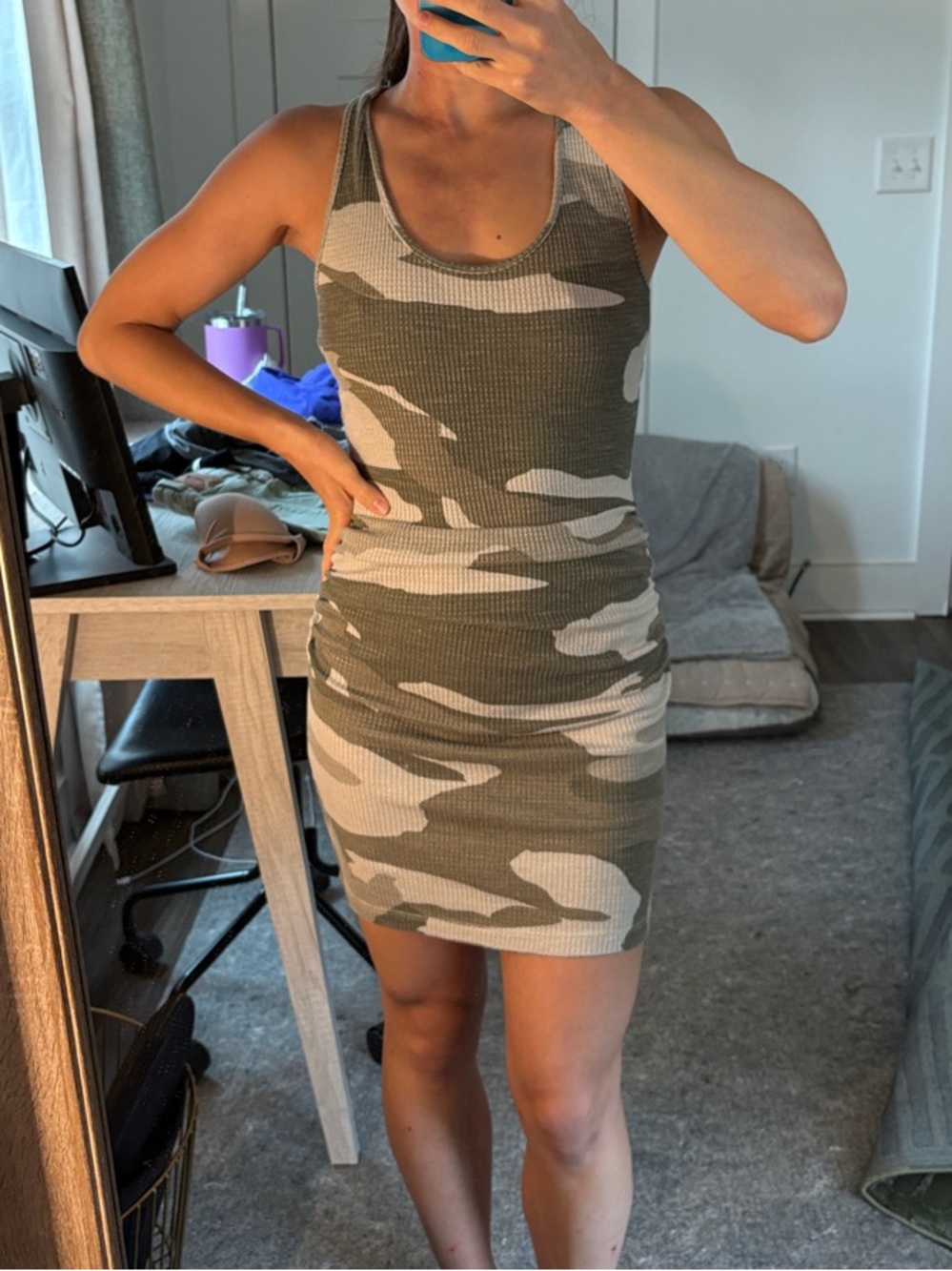 Monrow Olive and Beige Camouflage Ribbed Tank Mini Dress